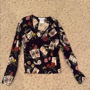 Christian Dior Vintage Long Sleeve Fitted V-Neck Graphic Blouse Size 48